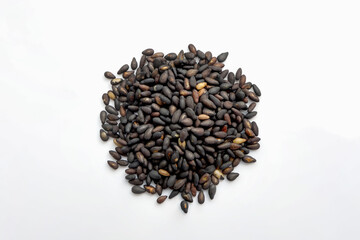 black organic sesame seeds on white background.