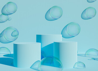 blue podium with soap bubbles