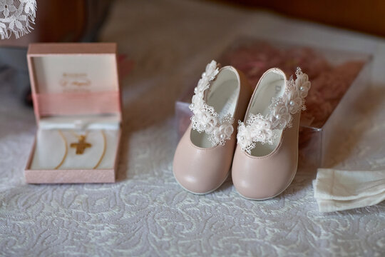 Close up of baby shoes for christening