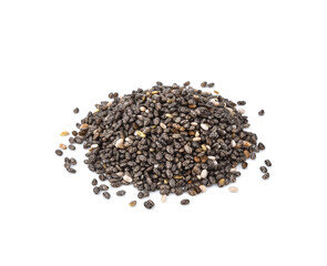 Closeup macro of small organic chia seeds isolated on a white background