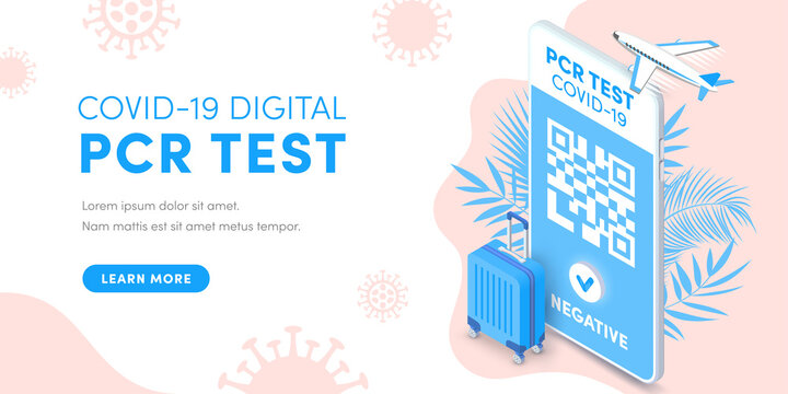 Electronic pcr coronavirus test, health passport QR code on smartphone screen vector isometric banner concept. Covid-19 negative certificate for safe tourism on mobile phone. Health pass app