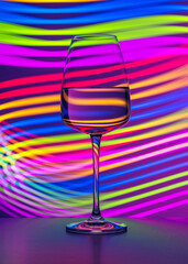 Elegant crystal glass filled with red wine on a blue background painted with colorful light. Light reflections and refractions, light streaks, club atmosphere, lifestyle, abstract.