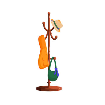 Vector illustration of a floor hanger on which a jacket, hat, and bag hang. Cartoon style. Isolated object on white background. Wooden hanger