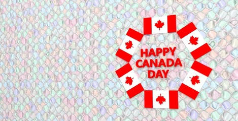 3D Canada flag rotate arrange around happy Canada day text on abstract background for design content. 3D rendering.