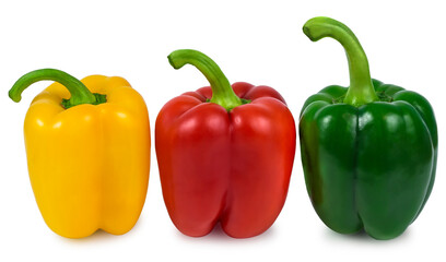 Obraz na płótnie Canvas three juicy peppers healthy organic vegetables red yellow green
