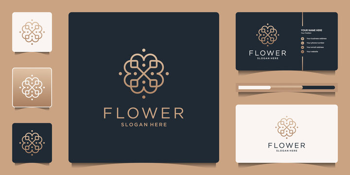 Minimalist Flower Logo Ornament With Line Art Style. Luxury Template Business Card Design.