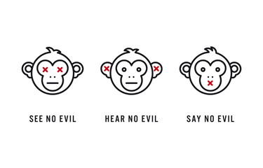 Three Wise Monkeys minimalist vector line icon set