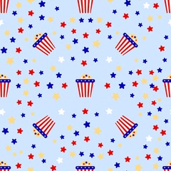 Obraz premium Seamless pattern with box of popcorn of color of American flag. Red blue white