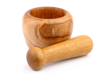 Handmade wooden mortar isolated.