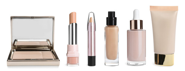 Set with different decorative cosmetic products on white background. Banner design