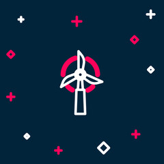 Line Wind turbine icon isolated on blue background. Wind generator sign. Windmill for electric power production. Colorful outline concept. Vector