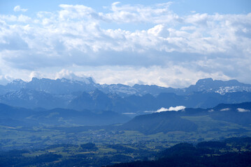 Beautiful panoramic landscape seen from local mountain Uetliberg canton Zurich on a summer morning. Photo taken June 29th, 2021, Zurich, Switzerland.