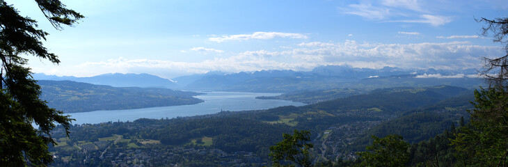 Panoramic aerial view from mountain Uetliberg to lake Zurich on a sunny summer day. Photo taken June 29th, 2021, Zurich, Switzerland.
