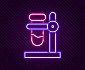 Glowing neon line Glass test tube flask on stand icon isolated on black background. Laboratory equipment. Colorful outline concept. Vector