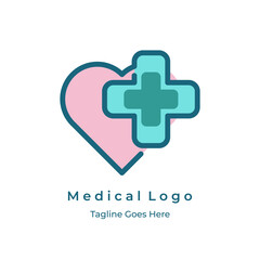 Pink heart shape with a green cross shape for medical logo. Creative logo for clinic, hospital or pharmaceutical.