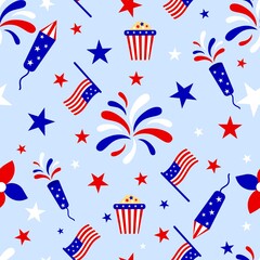Obraz premium Seamless pattern with red blue white stars, fireworks, american flag, rocket. Patriotic backdrop.