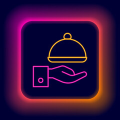 Glowing neon line Covered with a tray of food icon isolated on black background. Tray and lid sign. Restaurant cloche with lid. Colorful outline concept. Vector