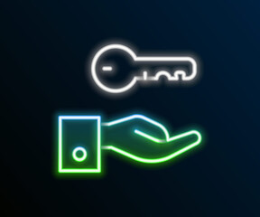 Glowing neon line Hotel door lock key icon isolated on black background. Colorful outline concept. Vector