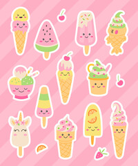 Cute ice cream stickers. Kawaii cartoon style. Summer vector illustration.