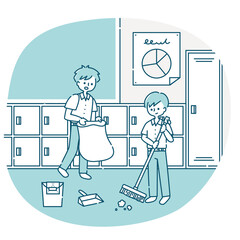 教室の掃除をする男子生徒たち