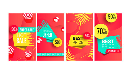 Summer sale editable template with tropical leaves and forms for social networks stories, banner, flyer, invitation, poster, website or greeting card.