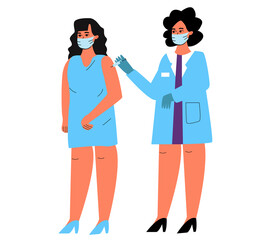 a female doctor puts a vaccine injection in the patient's hand, a shot from the disease. A woman with an injection in her hand. vector illustration of a medical topic