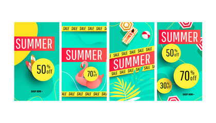 Editable sale summer banner story template pack with beach accessories, green tropical palm on bright shaped backgrounds. Vector illustration