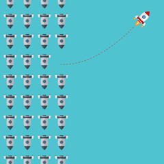 Different Approach - Different Direction. Group of rockets flying in one direction and with one individual flying in the different way, can be used leadership/individuality concepts.	