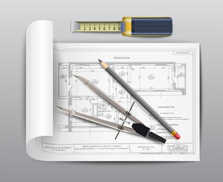 3d realistic vector design project icon with paper roll, measuring tool, pencil and ruler.