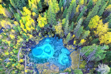 geyser lake altai aerial view from drone, blue lake landscape