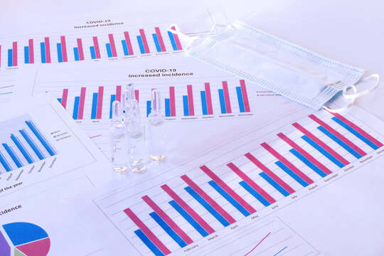 Covid-19. Vials with clear liquid against the background of morbidity charts.