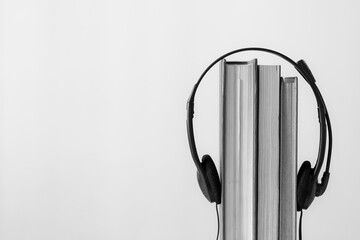 Abstract Book with earphone. E book, Audio Book. Shoot in Black and white color background....