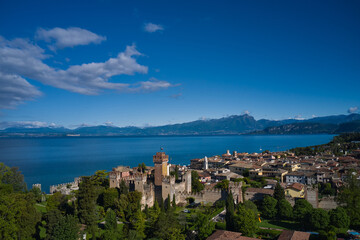 Lazise Lake Garda Italy. Panorama of the historic town of Lazise. Top view of the historic part of the city Lazise Castle on the coastline of Lake Garda. Aerial view of the Scaliger Castle of Lazise.
