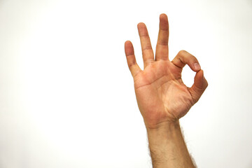 Okay gesture. All right. Hand of a Caucasian man on a white background and place for text.