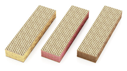 Banana, strawberry and hazelnut flavoured wafers isolated on white background. 3D illustration