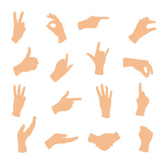 Obraz premium Gesturing hands. Hand with counting gestures, forefinger sign. Open arm showing signal and handshake, interactive communication set