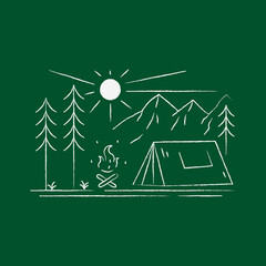 landscape design of mountains and camp in mono line art, patch badge design, emblem design, T-Shirt Design