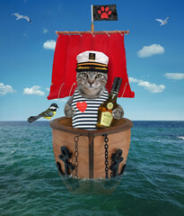 A gray cat captain in a sailor's hat with a bottle of rum is on a sailboat with a red sail on the...