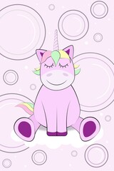Cute pink Unicorn flying in dreams, vector illustration