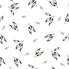 Black and white foliage seamless pattern on white, botanical pattern background with hand drawn leaves and branches, floral ink sketch illustration