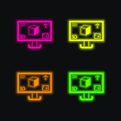 3d Print Image On A Monitor Screen four color glowing neon vector icon