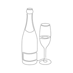 Hand drawn logo bottle of champagne and glass, one line art, stylized continuous contour. Doodle, sketch style. Isolated. Vector illustration