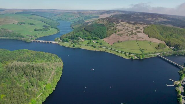 Dramatic aerial view over the Ladybower and Hope Valley Reservoirs in the heart of Derbyshire Peak District National Park