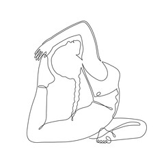 Hand drawn flexible yoga girl in the pigeon pose, one line art,stylized continuous outline.Woman does exercise for health and harmony of soul. Doodle, sketch style. Isolated. Vector illustration