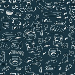 
Pet food doodle  vector sketch print textile. Hand drawn illustration background clipart feeders and houses for dogs and cats pattern seamless