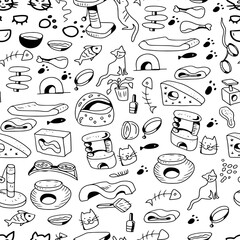 
Pet food doodle  vector sketch print textile. Hand drawn illustration background clipart feeders and houses for dogs and cats pattern seamless