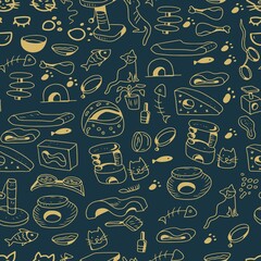 
Pet food doodle  vector sketch print textile. Hand drawn illustration background clipart feeders and houses for dogs and cats pattern seamless