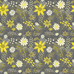 Seamless floral pattern, drawing with pastels, twigs, flowers and berries.