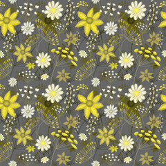Naklejka na ściany i meble Seamless floral pattern, drawing with pastels, twigs, flowers and berries.