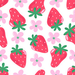 Cute seamless pattern of strawberry and flowers. Modern flat illustration.